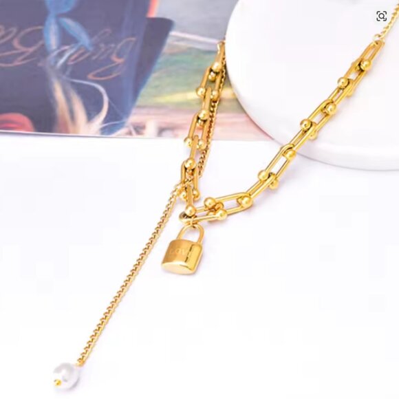 316L Stainless Steel New Fashion Fine Jewelry Lovers Lock U-Shaped Pearl Tassels - Picture 6 of 6